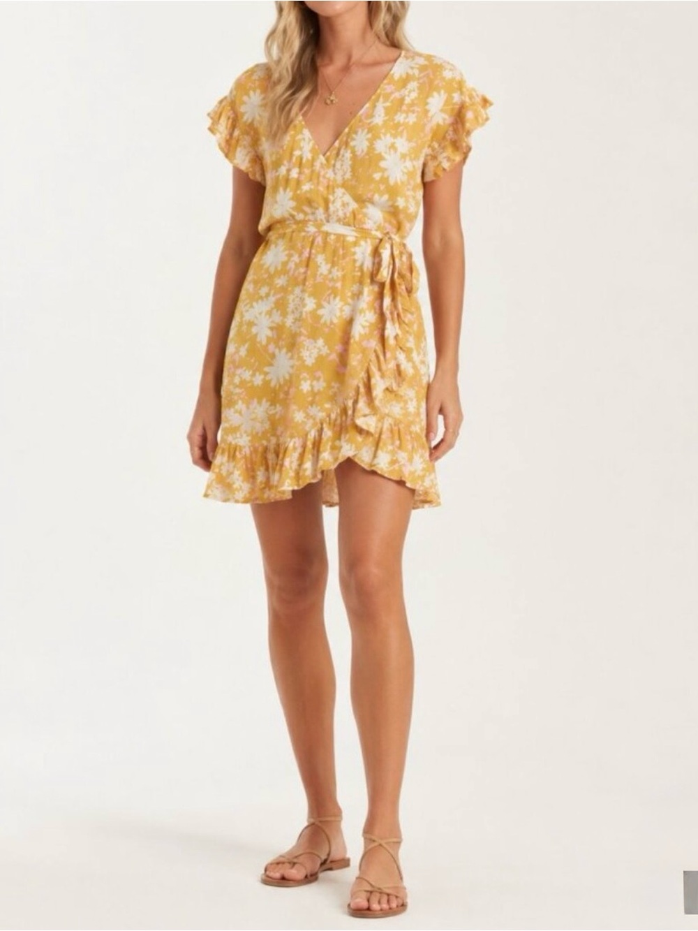 Billabong Wrap and Roll Floral Mini Wrap Dress XS NWT Golden Yellow